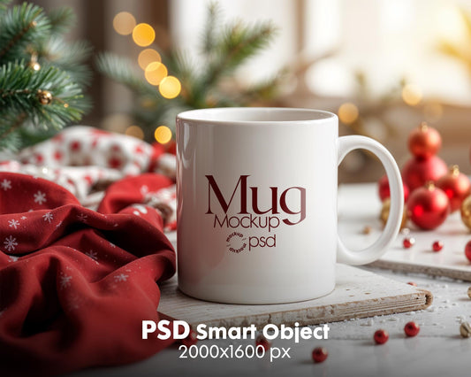 Christmas Mug Mockup PSD, Winter White Ceramic Cup Mockup Coffee Mug Mockups, White Coffee Mug 11oz Holidays Mug Mockup