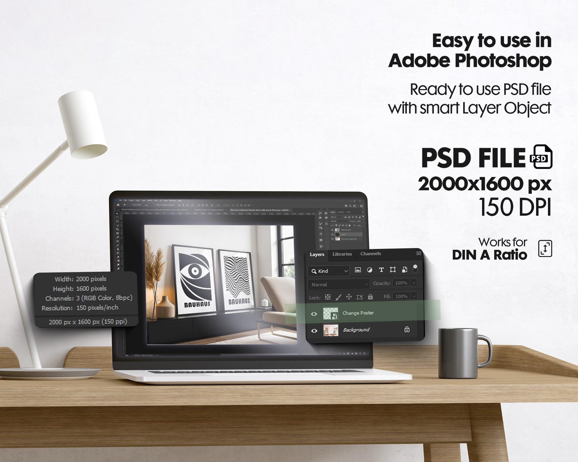 Blank Wooden Poster Frame Mockup, Minimalist Frame Mockup for Digital Download, Posters and Artwork Smart Object Instant Download