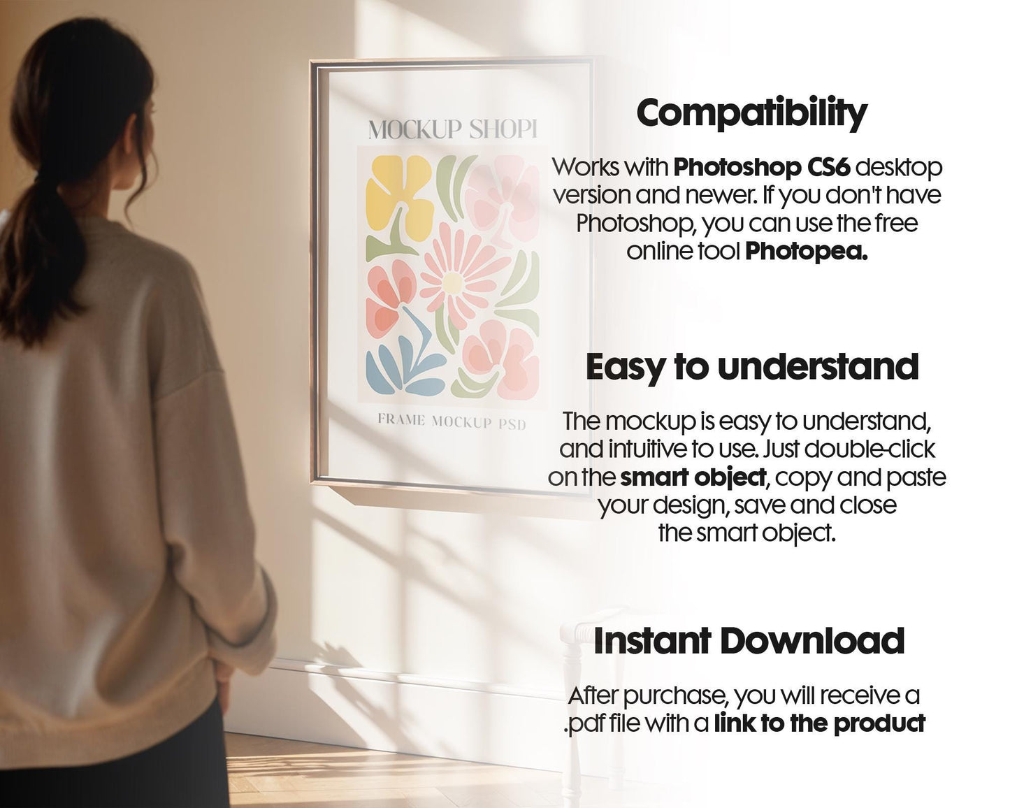 Soft Aesthetic Interior Frame Mockup, Thin Wood Frame, PSD Mockup, Frame Mockup Midcentury Minimal Home Interior