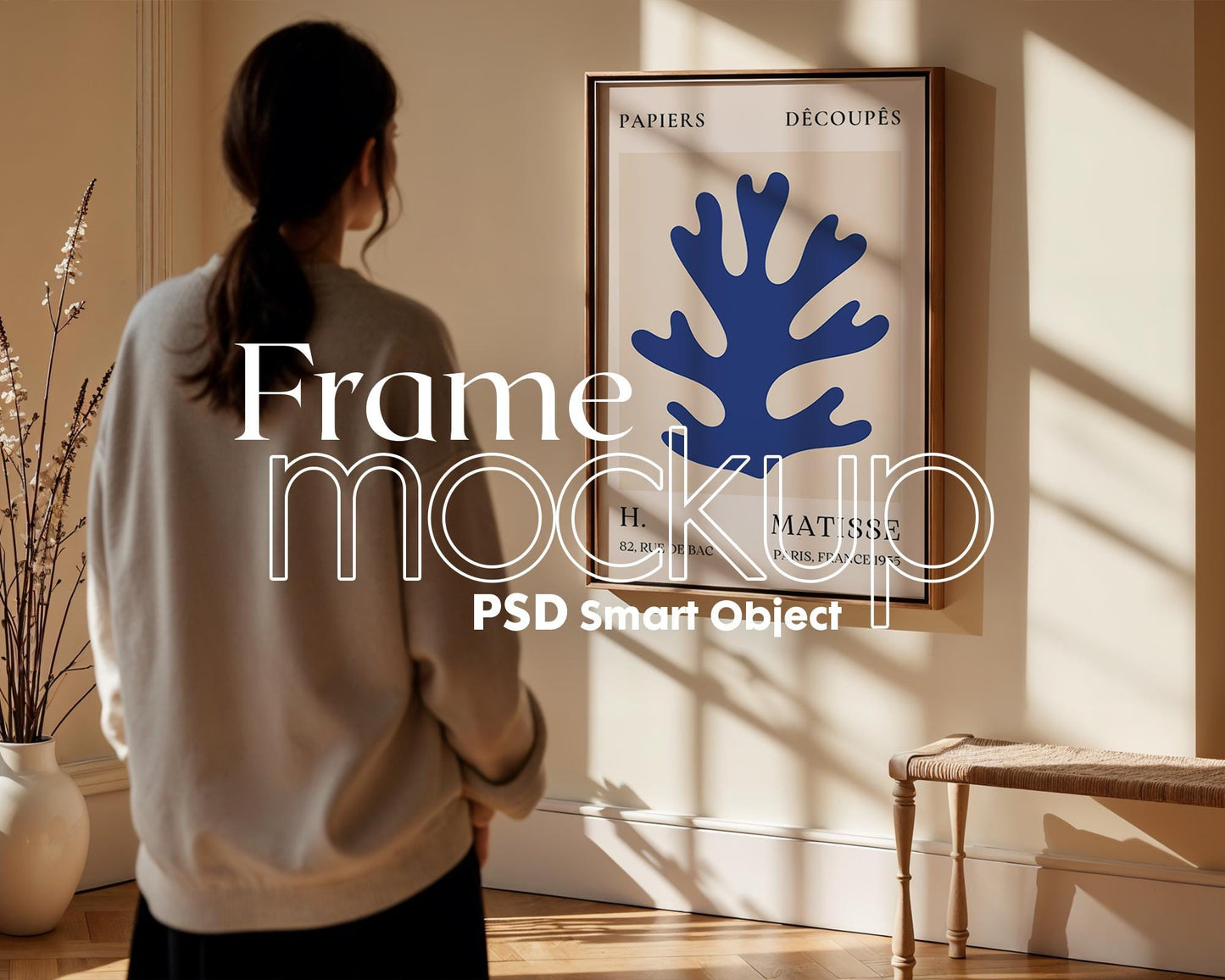 Soft Aesthetic Interior Frame Mockup, Thin Wood Frame, PSD Mockup, Frame Mockup Midcentury Minimal Home Interior