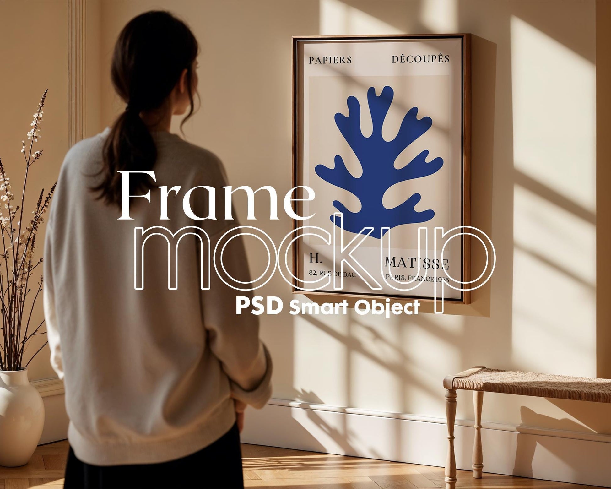 Soft Aesthetic Interior Frame Mockup, Thin Wood Frame, PSD Mockup, Frame Mockup Midcentury Minimal Home Interior