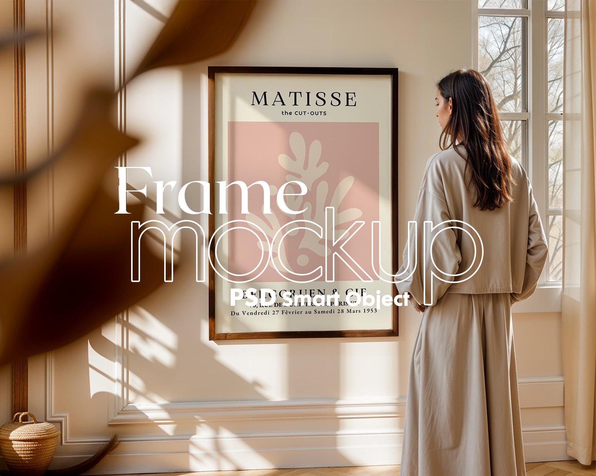 Soft Aesthetic Interior Frame Mockup, Thin Wood Frame, PSD Mockup, Frame Mockup Midcentury Minimal Home Interior