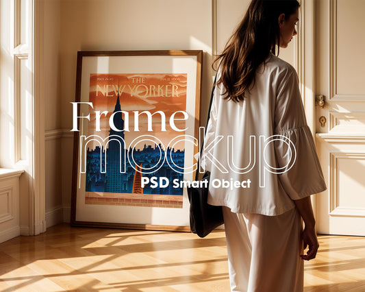 Soft Aesthetic Interior Frame Mockup, Thin Wood Frame, PSD Mockup, Frame Mockup Midcentury Minimal Home Interior
