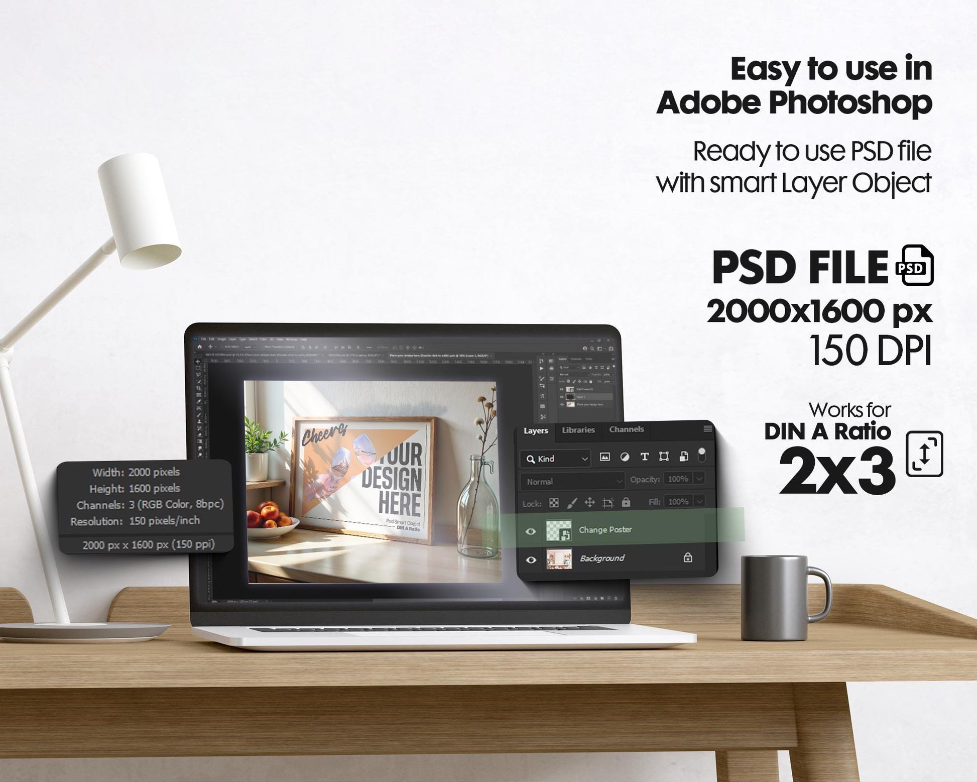 Horizontal Frame Mockup PSD, Scandinavian Wooden Frame Mockup, Poster Mockup PSD , Frame Mockup for Print, Frame Mockup Smart Object