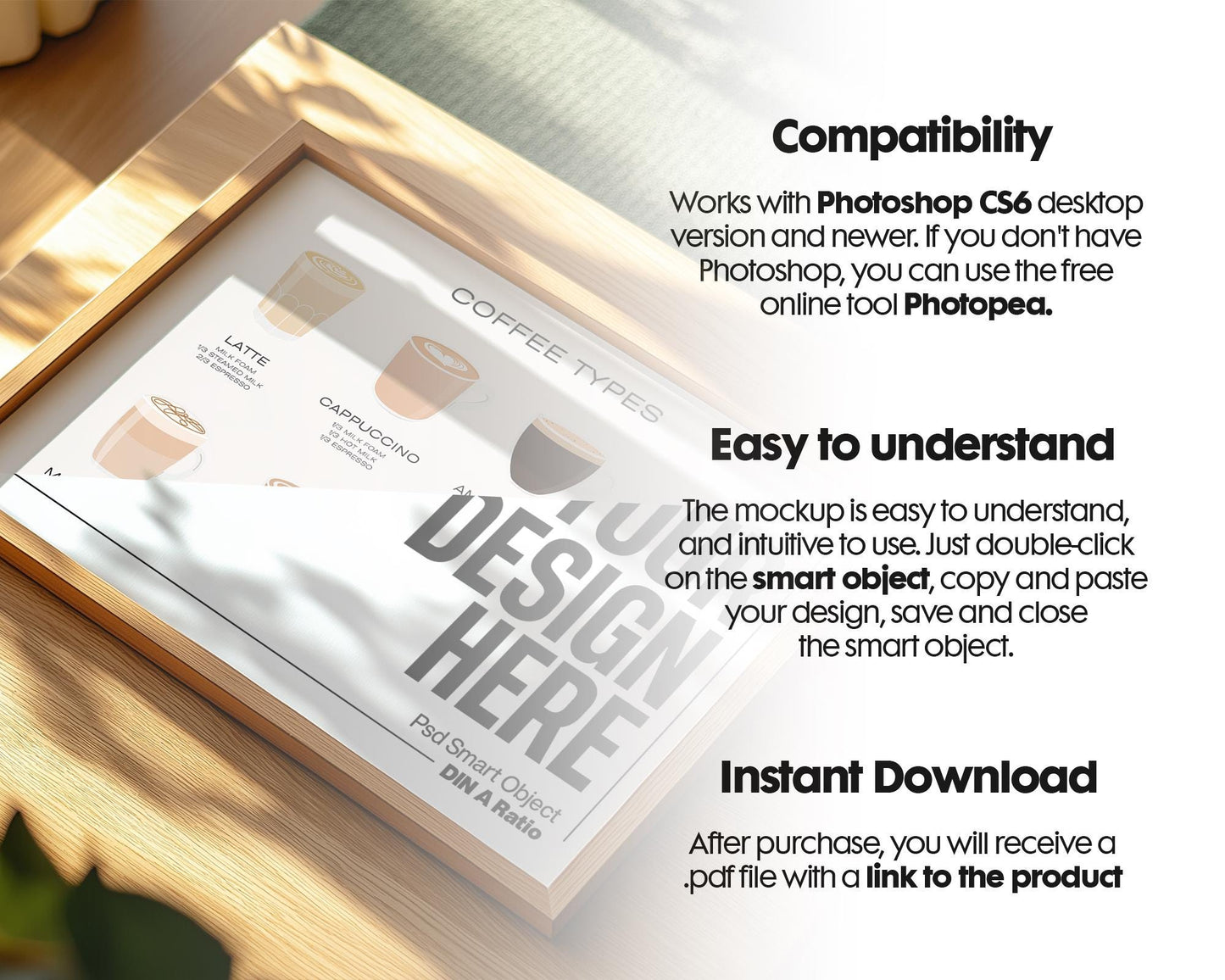 Horizontal Frame Mockup PSD, Scandinavian Wooden Frame Mockup, Poster Mockup PSD , Frame Mockup for Print, Frame Mockup Smart Object
