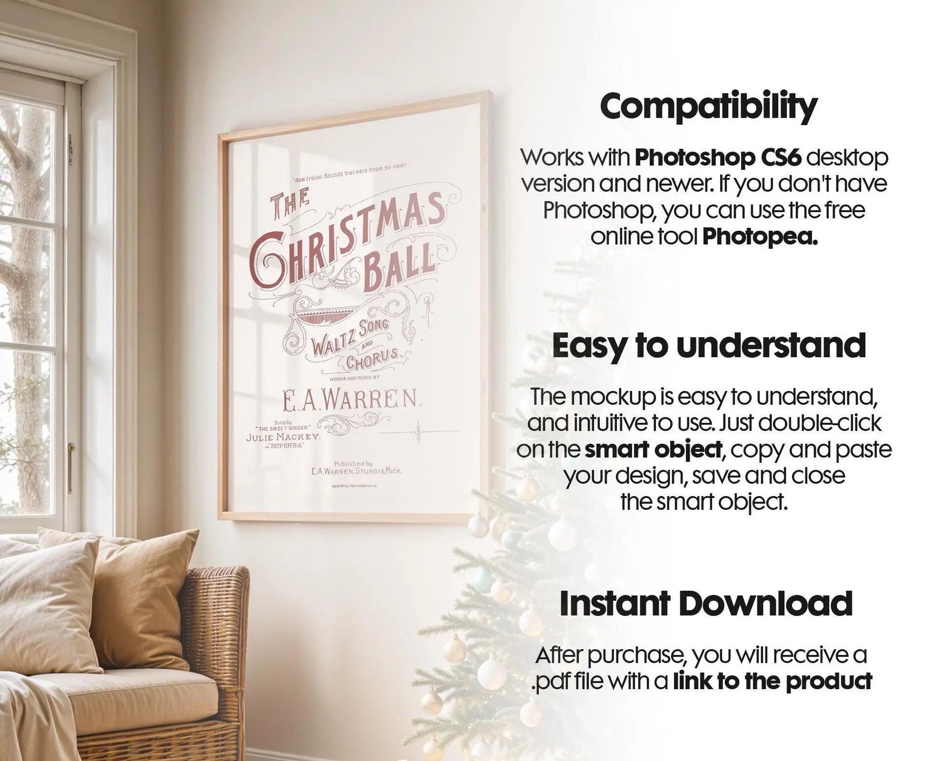 Christmas Frame Mockup PSD, Christmas Holiday Frame Mockup, Christmas Mockup Poster Presentation, Christmas Interior Frame Mockup