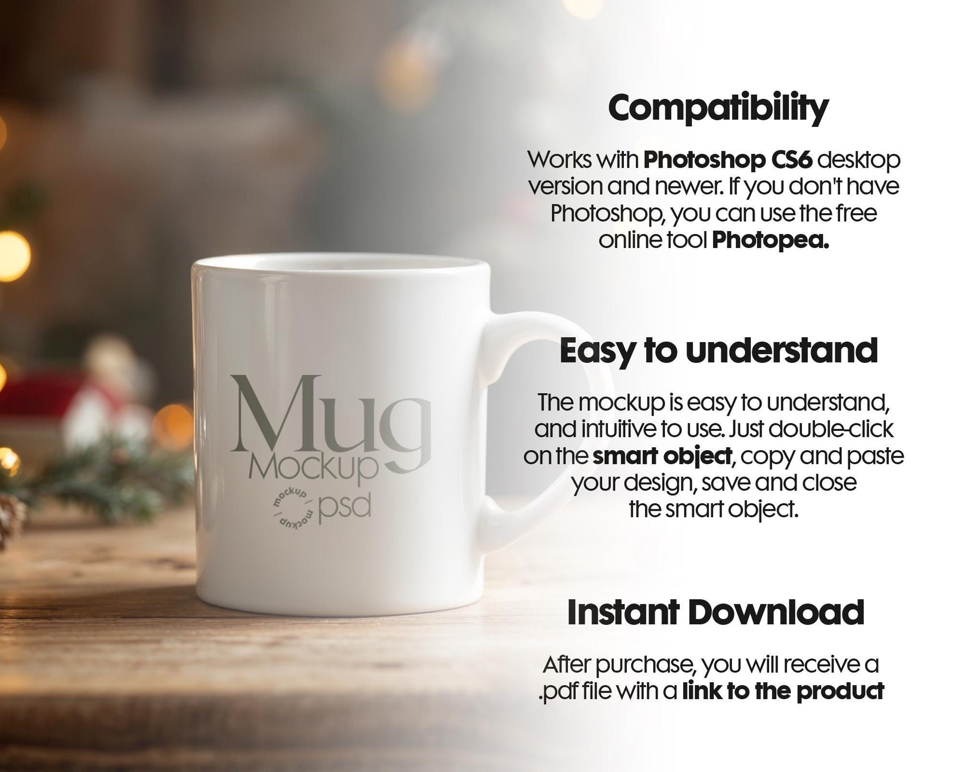 Christmas Mug Mockup PSD, Winter White Ceramic Cup Mockup Coffee Mug Mockups, White Coffee Mug 11oz Holidays Mockup