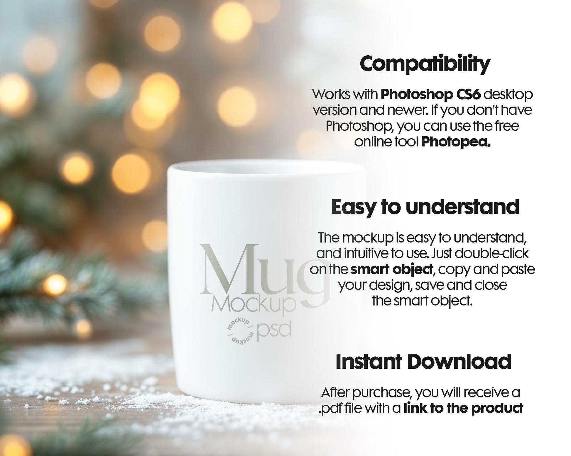 Christmas Mug Mockup PSD, Winter White Ceramic Cup Mockup Coffee Mug Mockups, White Coffee Mug 11oz Holidays Mockup