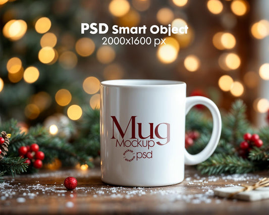 Christmas Mug Mockup PSD, Winter White Ceramic Cup Mockup Coffee Mug Mockups, White Coffee Mug 11oz Holidays Mockup
