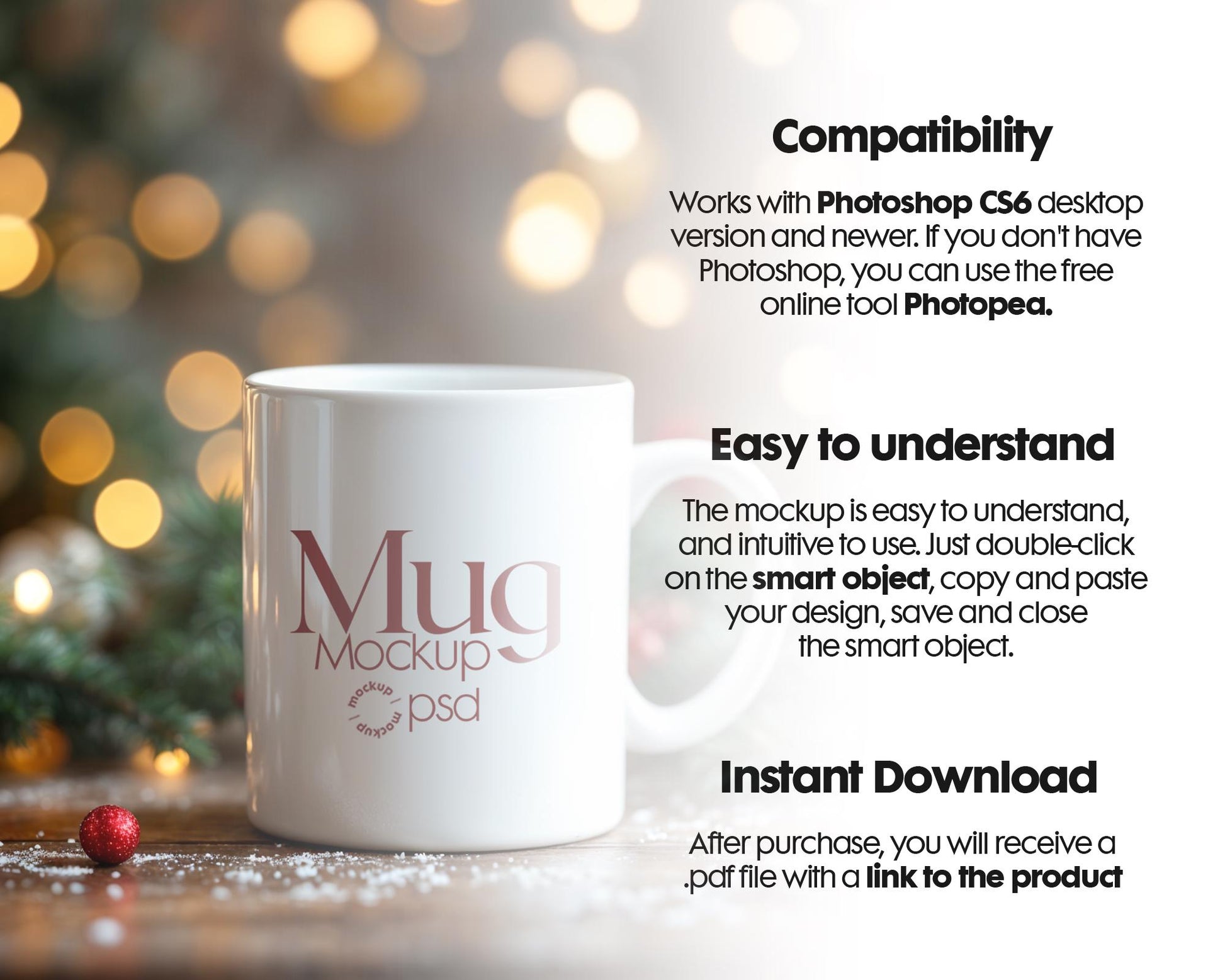 Christmas Mug Mockup PSD, Winter White Ceramic Cup Mockup Coffee Mug Mockups, White Coffee Mug 11oz Holidays Mockup