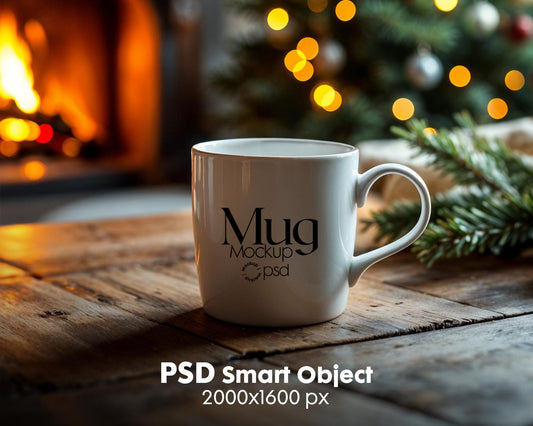 Christmas Mug Mockup PSD, Winter White Ceramic Cup Mockup Coffee Mug Mockups, White Coffee Mug 11oz Holidays Mockup
