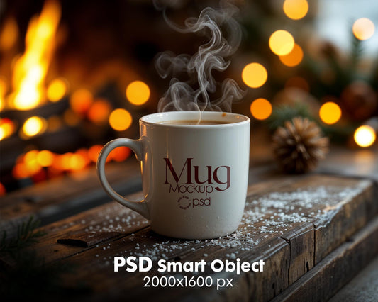 Christmas Mug Mockup PSD, Winter White Ceramic Cup Mockup Coffee Mug Mockups, White Coffee Mug 11oz Holidays Mockup