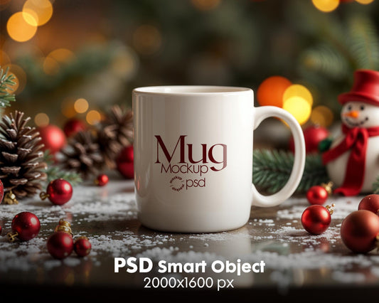 Christmas Mug Mockup PSD, Winter White Ceramic Cup Mockup Coffee Mug Mockups, White Coffee Mug 11oz Holidays Mockup