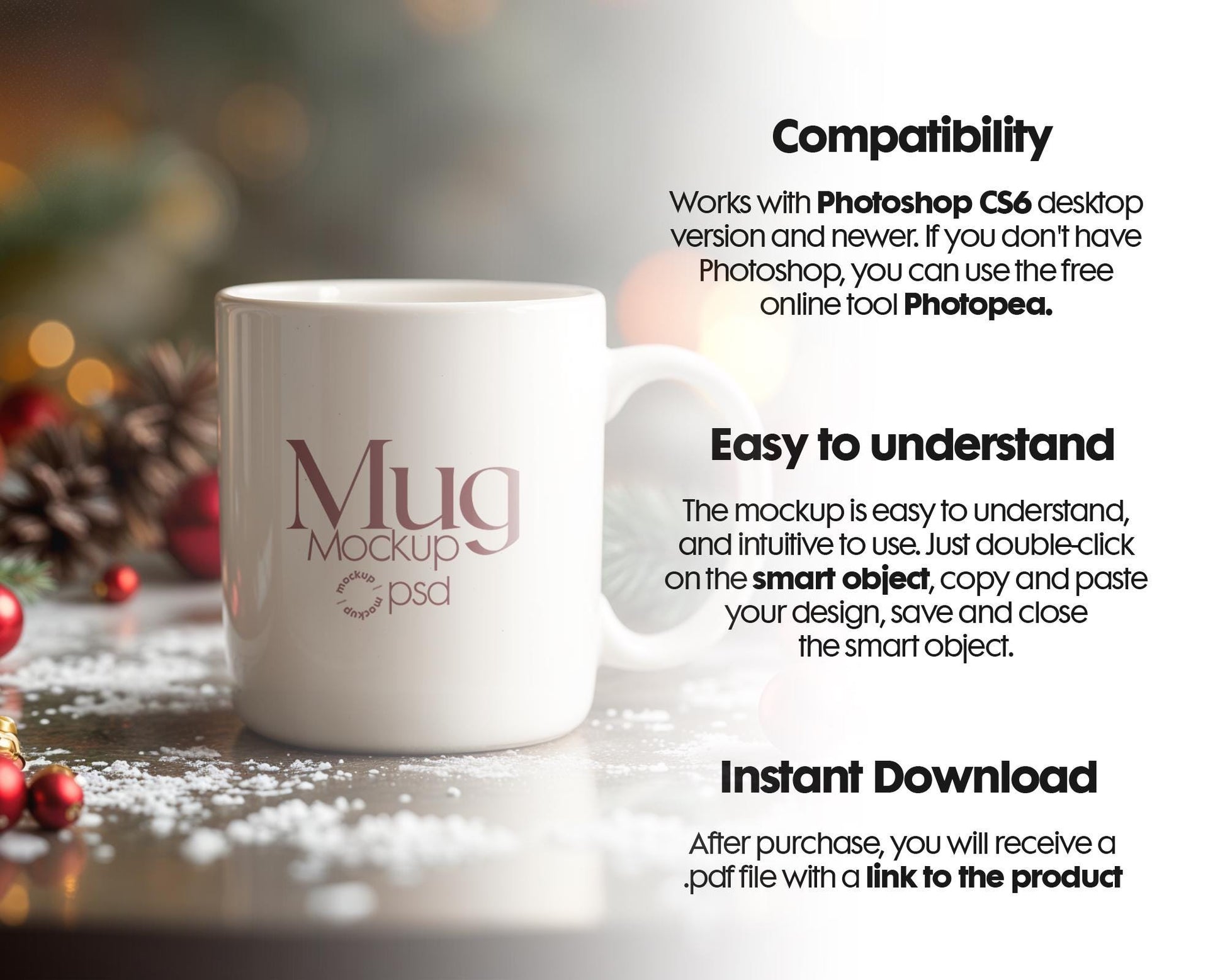 Christmas Mug Mockup PSD, Winter White Ceramic Cup Mockup Coffee Mug Mockups, White Coffee Mug 11oz Holidays Mockup