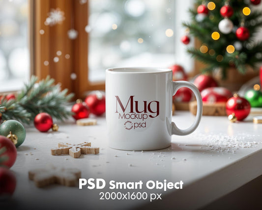 Christmas Mug Mockup PSD, Winter White Ceramic Cup Mockup Coffee Mug Mockups, White Coffee Mug 11oz Holidays Mockup
