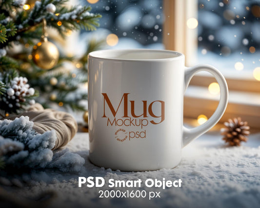 Christmas Mug Mockup PSD, Winter White Ceramic Cup Mockup Coffee Mug Mockups, White Coffee Mug 11oz Holidays Mug Mockup