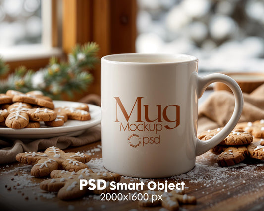 Christmas Mug Mockup PSD, Winter White Ceramic Cup Mockup Coffee Mug Mockups, White Coffee Mug 11oz Holidays Mug Mockup