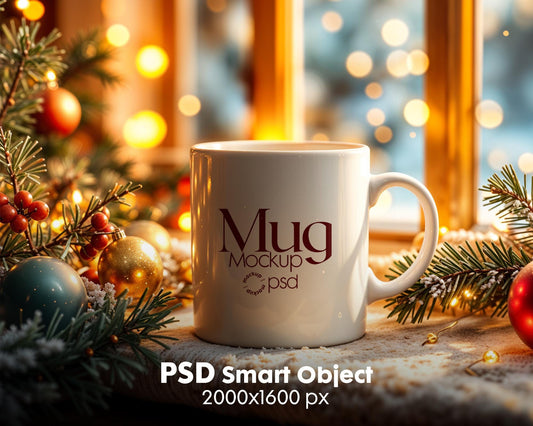 Christmas Mug Mockup PSD, Winter White Ceramic Cup Mockup Coffee Mug Mockups, White Coffee Mug 11oz Holidays Mug Mockup