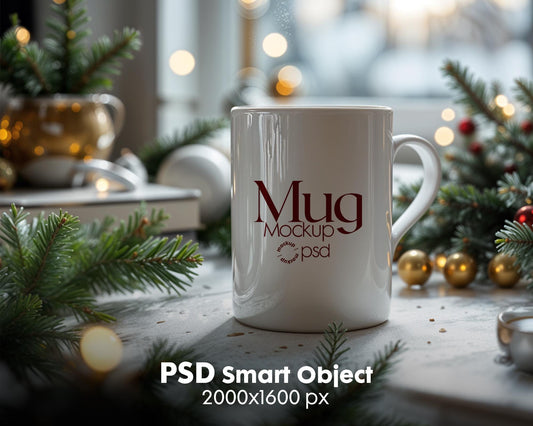 Christmas Mug Mockup PSD, Winter White Ceramic Cup Mockup Coffee Mug Mockups, White Coffee Mug 11oz Holidays Mug Mockup
