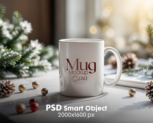 Christmas Mug Mockup PSD, Winter White Ceramic Cup Mockup Coffee Mug Mockups, White Coffee Mug 11oz Holidays Mug Mockup
