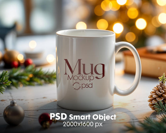 Christmas Mug Mockup PSD, Winter White Ceramic Cup Mockup Coffee Mug Mockups, White Coffee Mug 11oz Holidays Mug Mockup