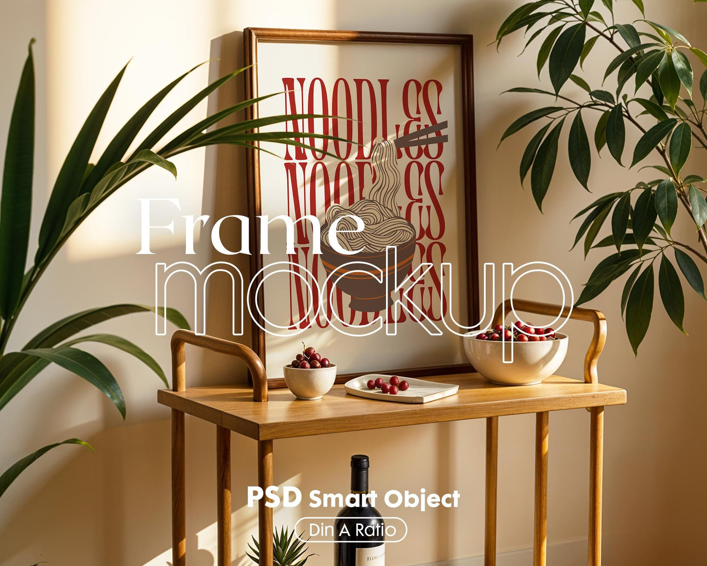 Frame Mockup in Kitchen, ISO A DIN Ratio, Thin Wood Frame, PSD Mockup, Minimal Modern Home Interior Design Mockup