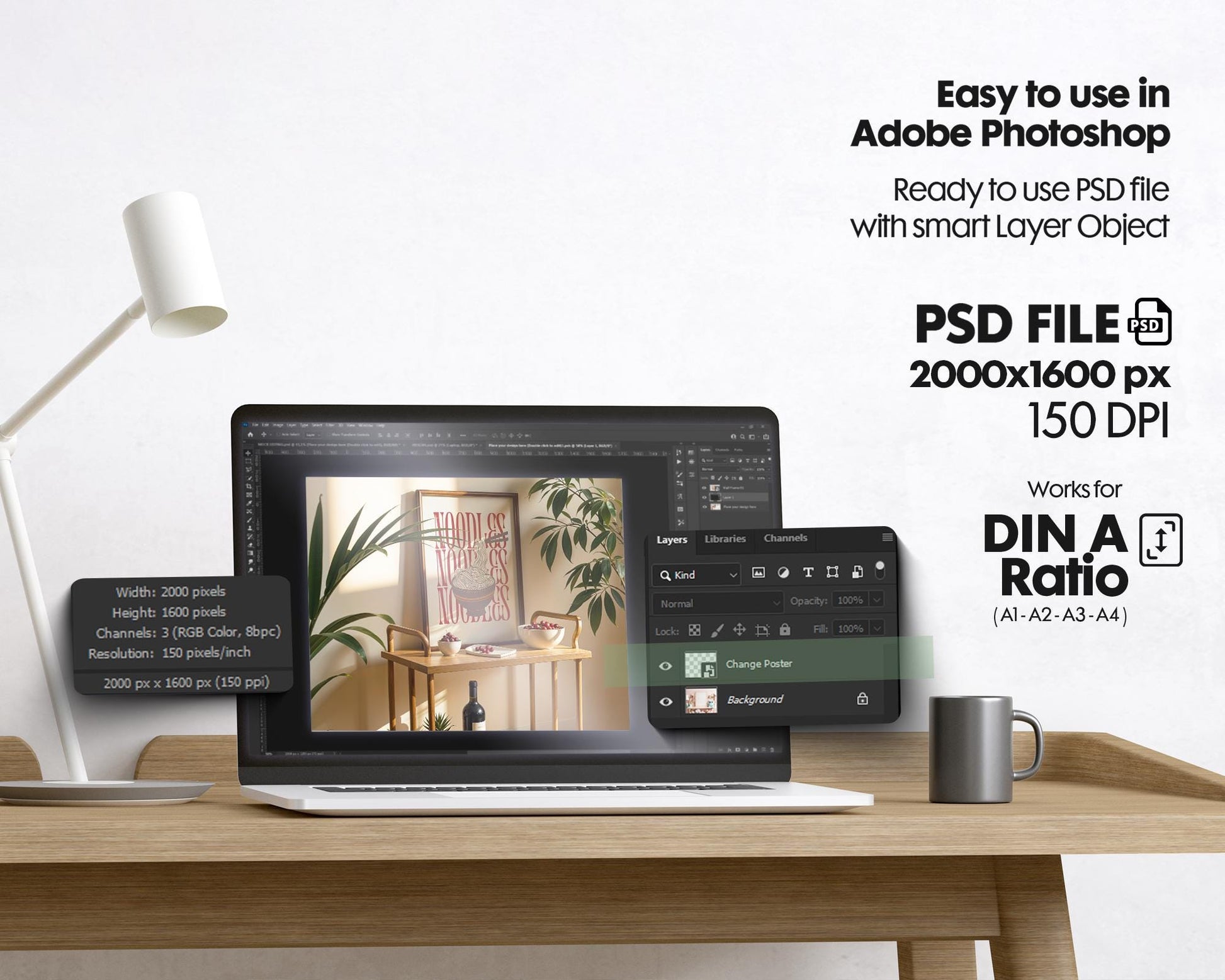 Frame Mockup in Kitchen, ISO A DIN Ratio, Thin Wood Frame, PSD Mockup, Minimal Modern Home Interior Design Mockup