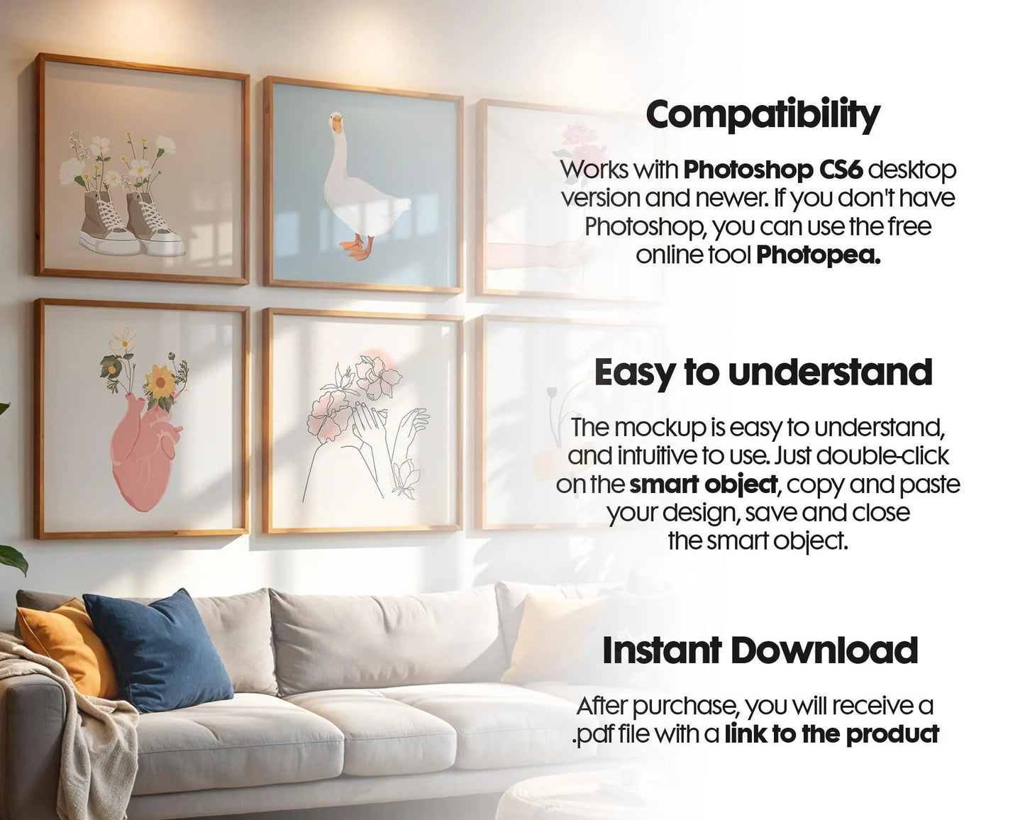 Set of 6 Gallery Square Frame Mockup, Square Frame Mockup PSD, Square Mockup Frame PSD, Interior Square Art Frame, Interior Poster Frame