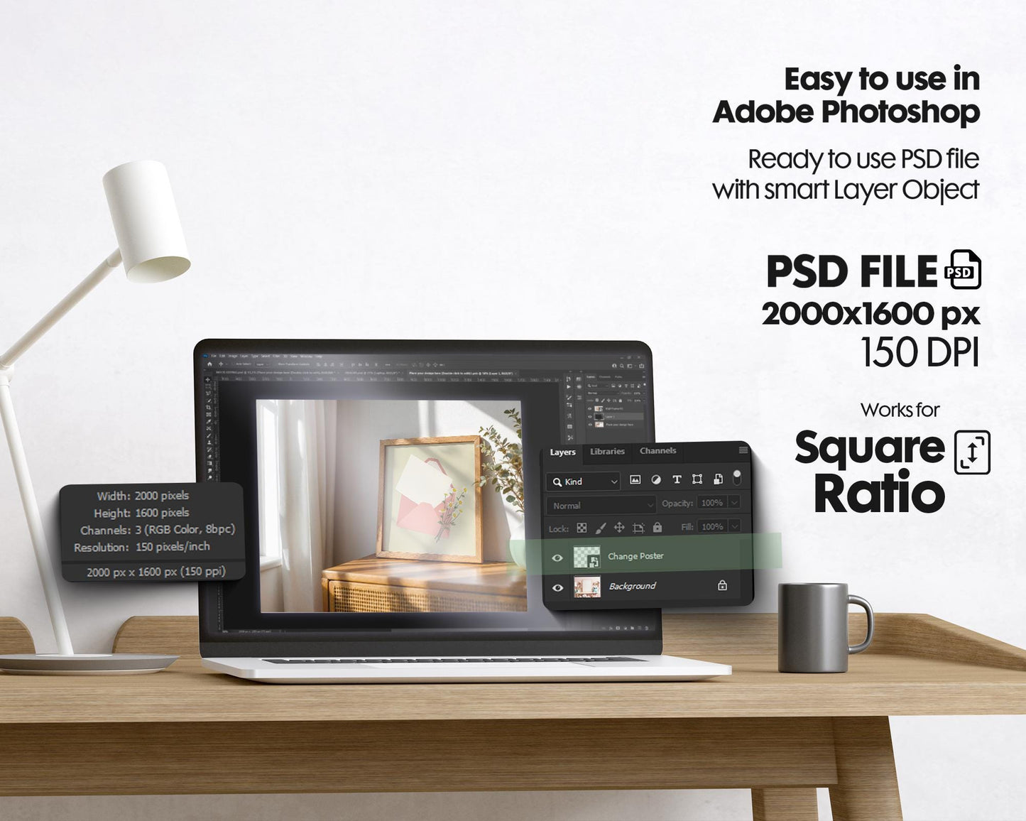 Square Frame Mockup PSD, Square Mockup Frame PSD, Interior Square Art Frame, Interior Poster Frame, Square Poster PSD Smart Object