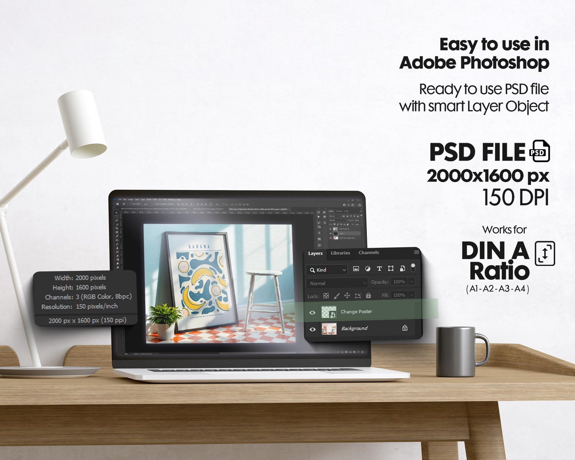 Kitchen Frame Mockup | DIN A Artwork Mockup Frames | Aesthetic Kitchen Vertical Wood Frame Mockup | Poster Mockup Templete PSD