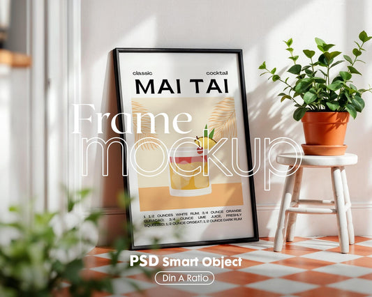 Kitchen Frame Mockup | DIN A Artwork Mockup Frames | Aesthetic Kitchen Vertical Wood Frame Mockup | Poster Mockup Templete PSD