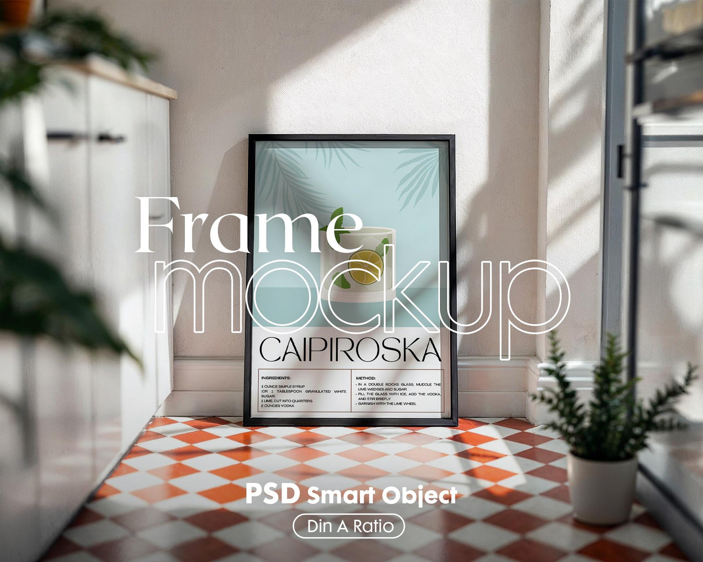 Kitchen Frame Mockup | DIN A Artwork Mockup Frames | Aesthetic Kitchen Vertical Wood Frame Mockup | Poster Mockup Templete PSD