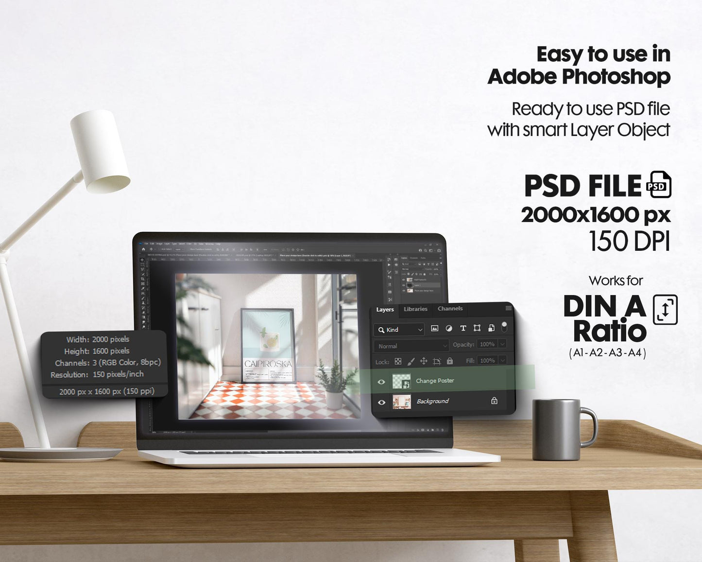 Kitchen Frame Mockup | DIN A Artwork Mockup Frames | Aesthetic Kitchen Vertical Wood Frame Mockup | Poster Mockup Templete PSD