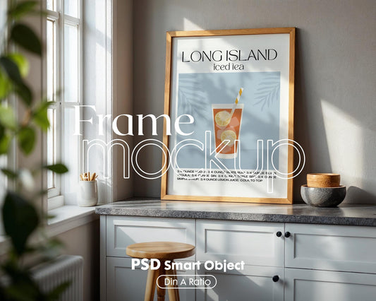 Kitchen Frame Mockup | DIN A Artwork Mockup Frames | Aesthetic Kitchen Vertical Wood Frame Mockup | Poster Mockup Templete PSD