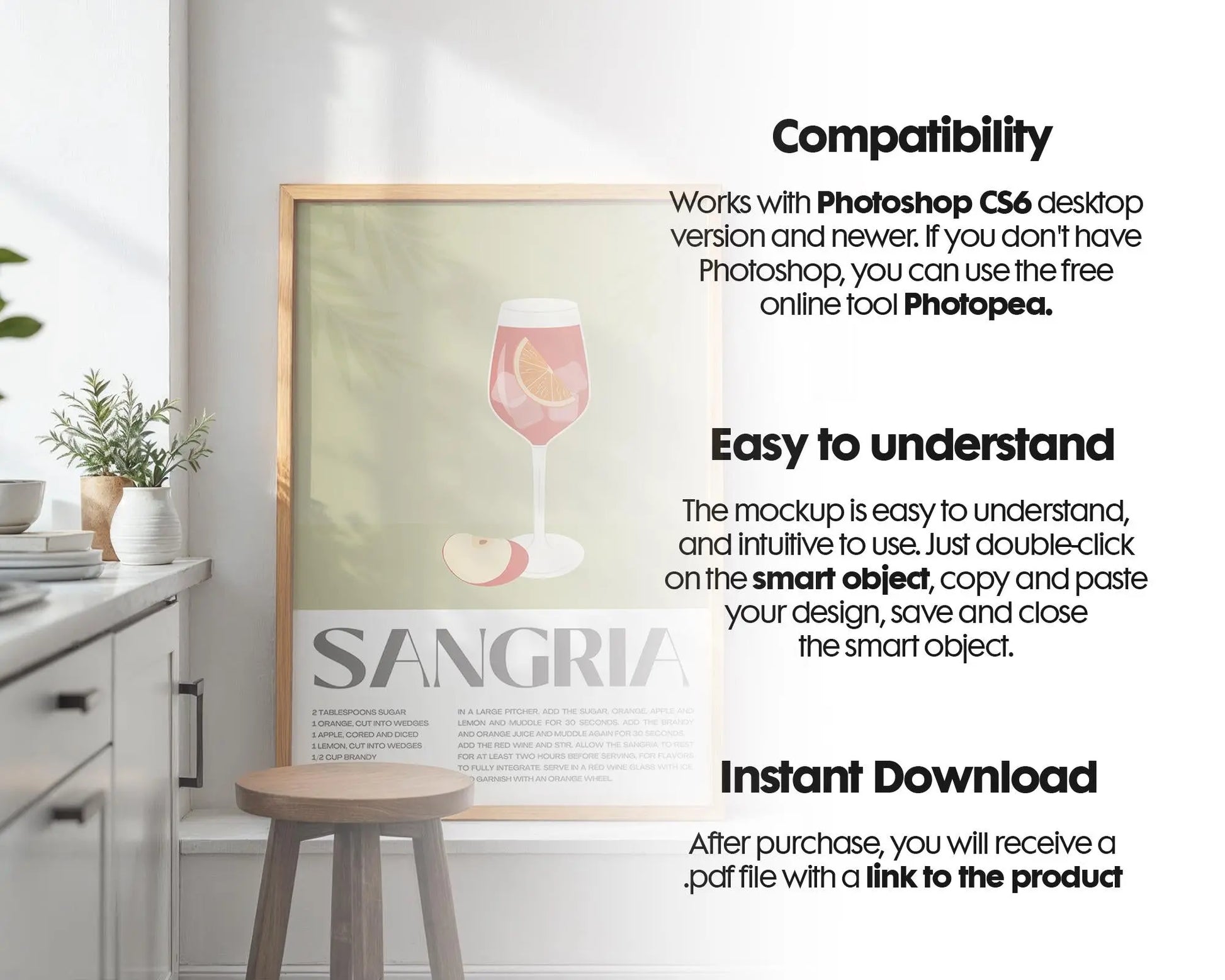 Kitchen Frame Mockup | DIN A Artwork Mockup Frames | Aesthetic Kitchen Vertical Wood Frame Mockup | Poster Mockup Templete PSD