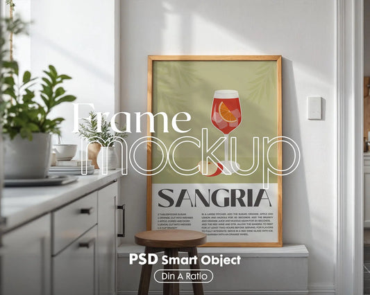 Kitchen Frame Mockup | DIN A Artwork Mockup Frames | Aesthetic Kitchen Vertical Wood Frame Mockup | Poster Mockup Templete PSD