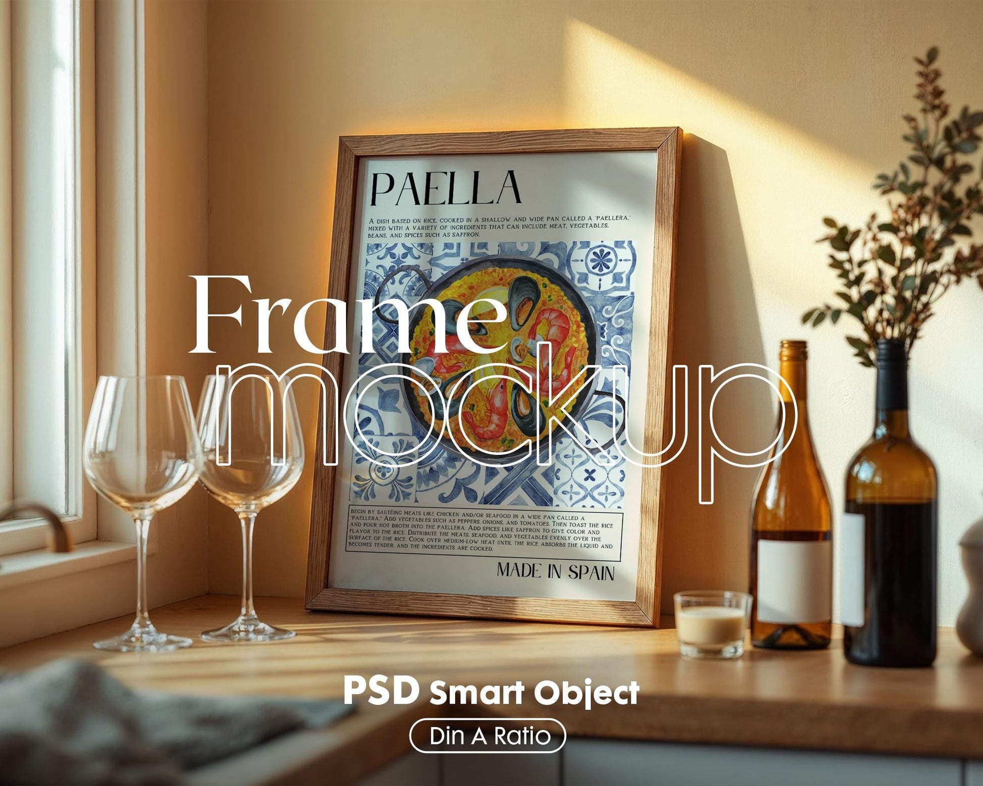 Kitchen Frame Mockup | DIN A Artwork Mockup Frames | Aesthetic Kitchen Vertical Wood Frame Mockup | Poster Mockup Templete PSD