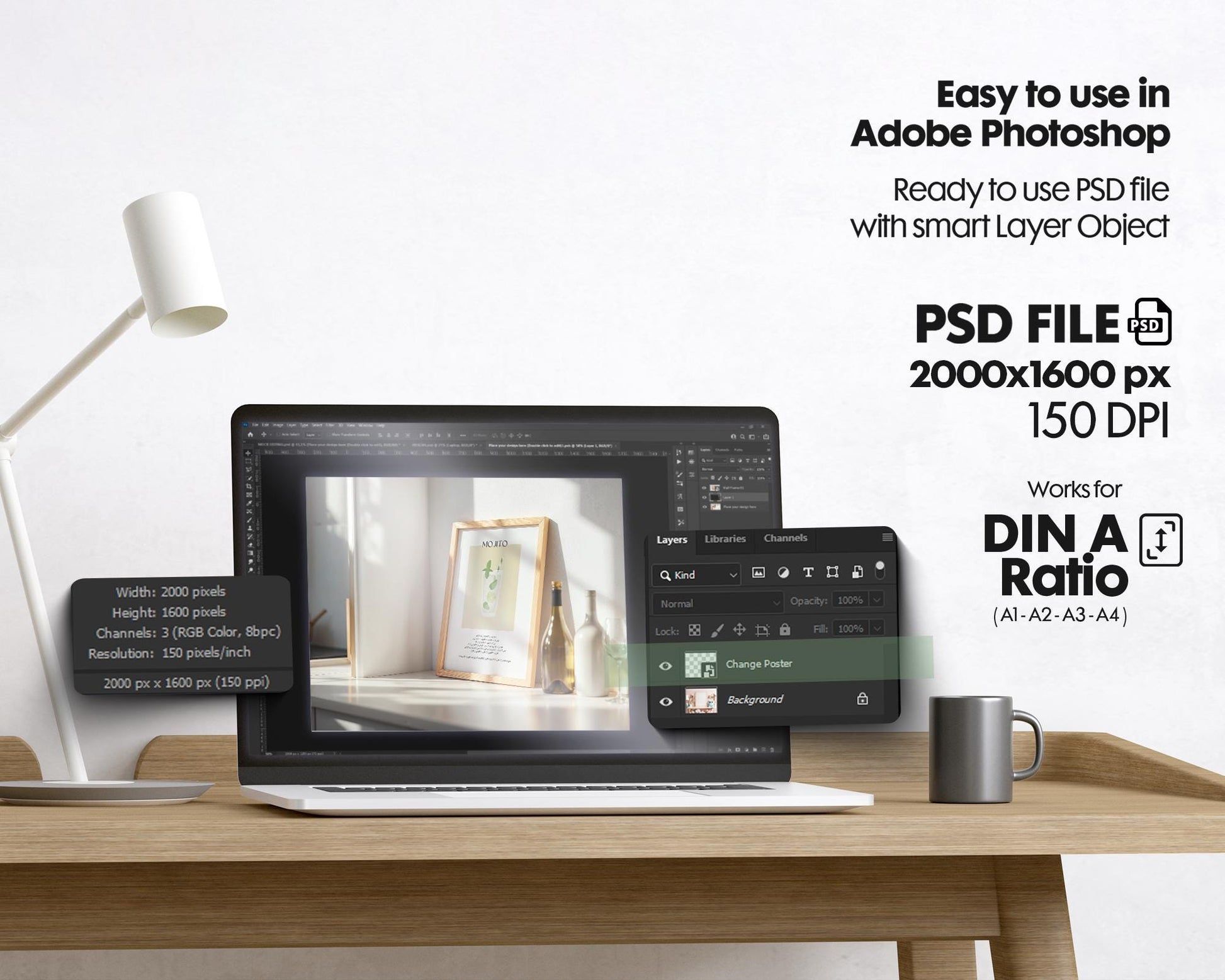 Kitchen Frame Mockup | DIN A Artwork Mockup Frames | Aesthetic Kitchen Vertical Wood Frame Mockup | Poster Mockup Templete PSD