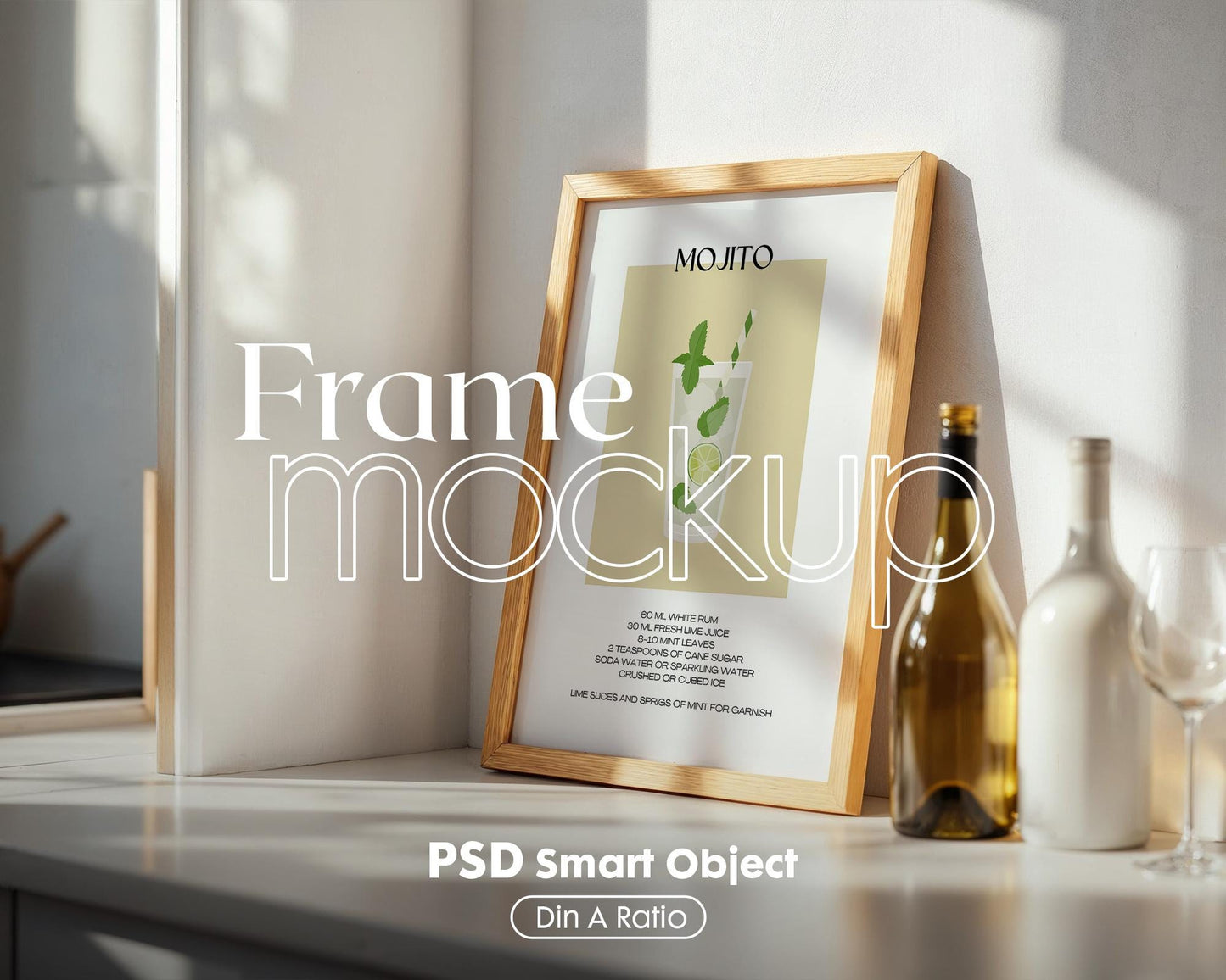 Kitchen Frame Mockup | DIN A Artwork Mockup Frames | Aesthetic Kitchen Vertical Wood Frame Mockup | Poster Mockup Templete PSD