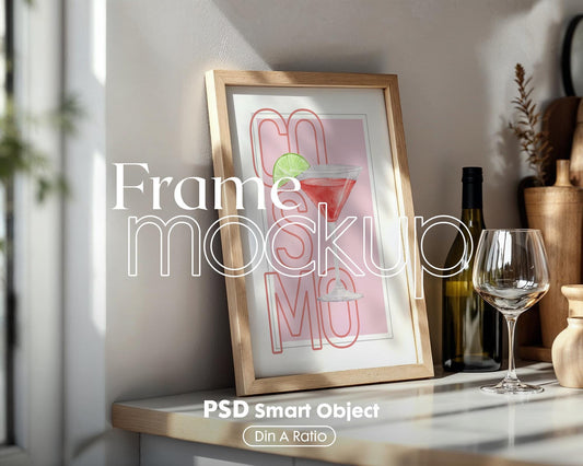 Kitchen Frame Mockup | DIN A Artwork Mockup Frames | Aesthetic Kitchen Vertical Wood Frame Mockup | Poster Mockup Templete PSD