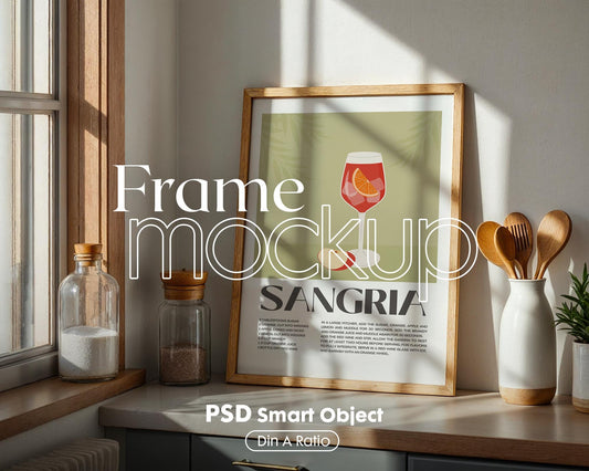 Kitchen Frame Mockup | DIN A Artwork Mockup Frames | Aesthetic Kitchen Vertical Wood Frame Mockup | Poster Mockup Templete PSD