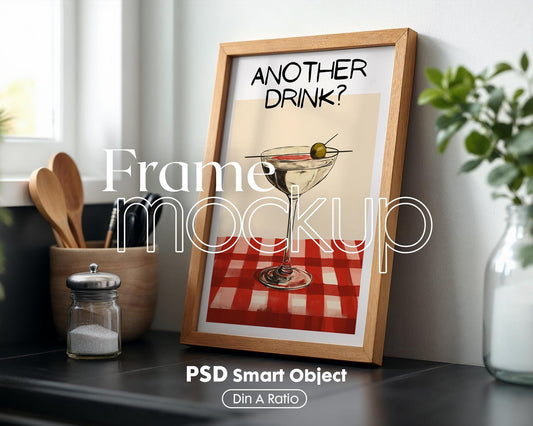 Kitchen Frame Mockup | DIN A Artwork Mockup Frames | Aesthetic Kitchen Vertical Wood Frame Mockup | Poster Mockup Templete PSD