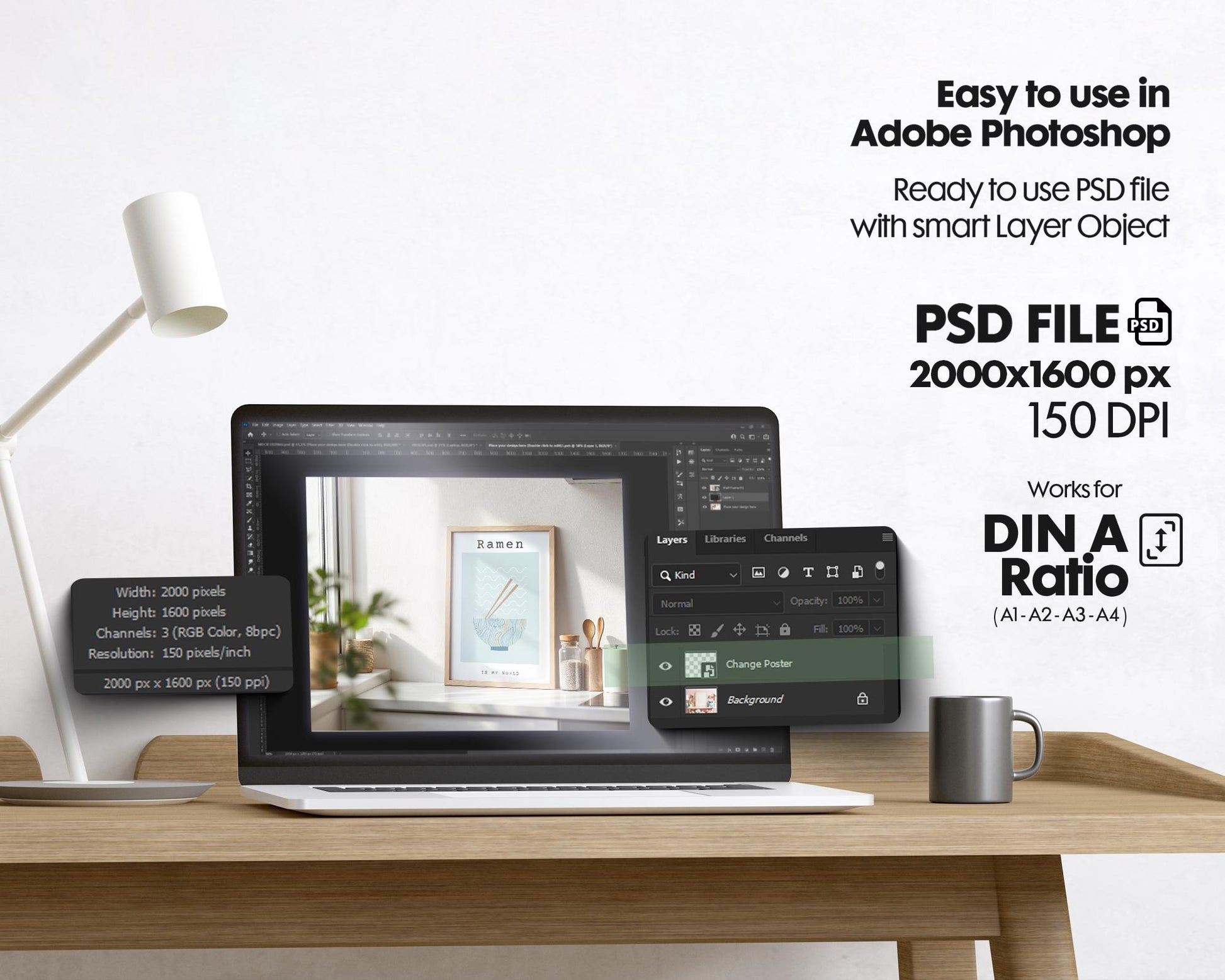 Kitchen Frame Mockup | DIN A Artwork Mockup Frames | Aesthetic Kitchen Vertical Wood Frame Mockup | Poster Mockup Templete PSD