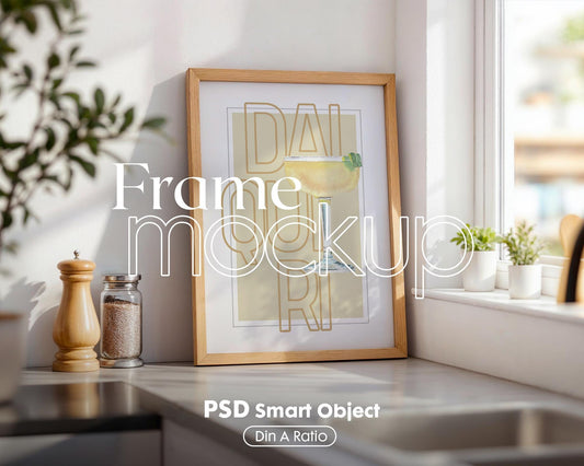 Kitchen Frame Mockup | DIN A Artwork Mockup Frames | Aesthetic Kitchen Vertical Wood Frame Mockup | Poster Mockup Templete PSD