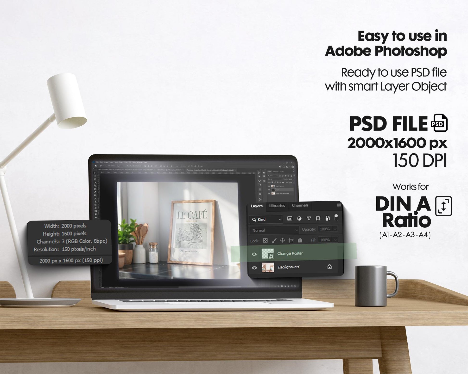 Kitchen Frame Mockup | DIN A Artwork Mockup Frames | Aesthetic Kitchen Vertical Wood Frame Mockup | Poster Mockup Templete PSD