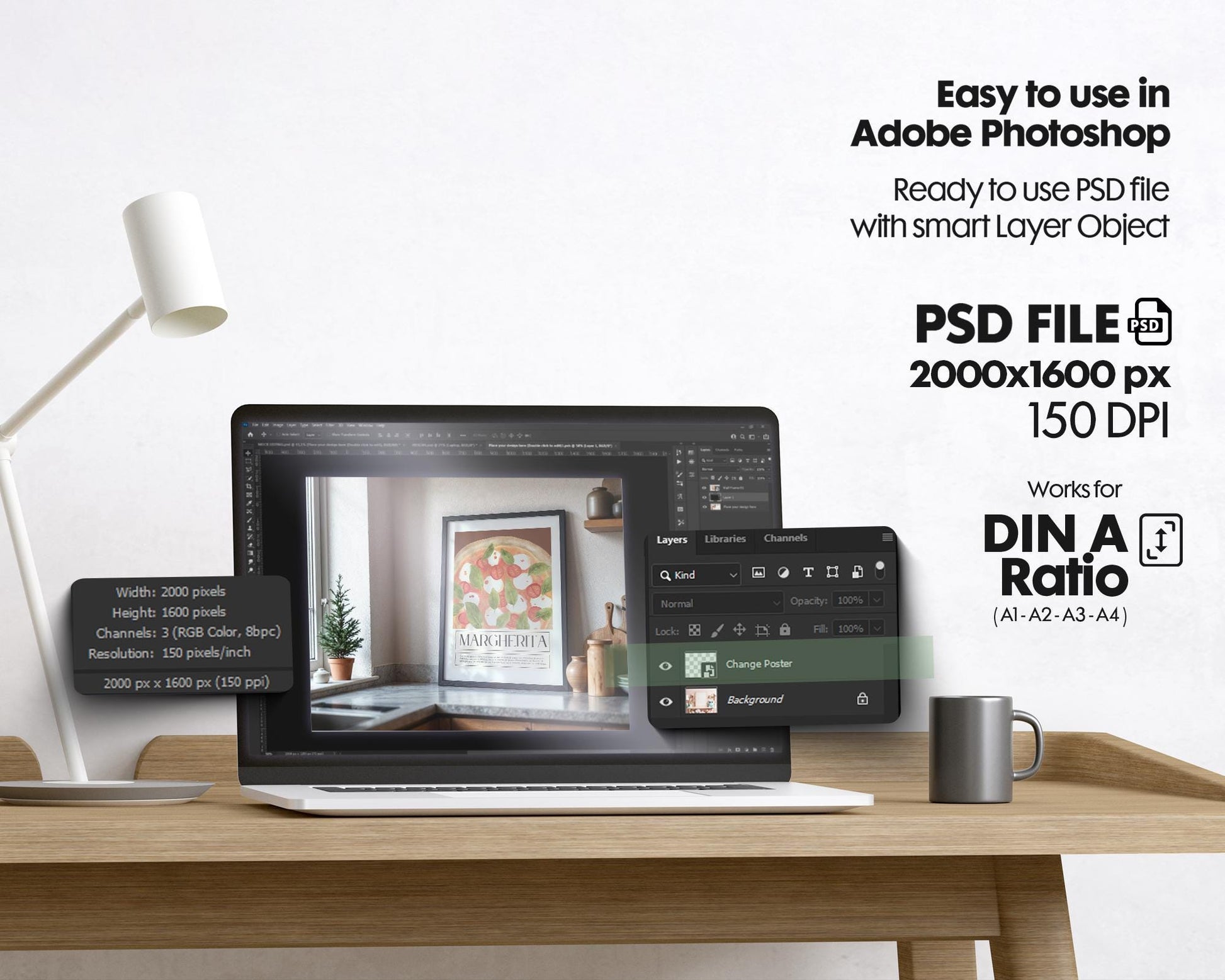 Kitchen Frame Mockup | DIN A Artwork Mockup Frames | Aesthetic Kitchen Vertical Wood Frame Mockup | Poster Mockup Templete PSD