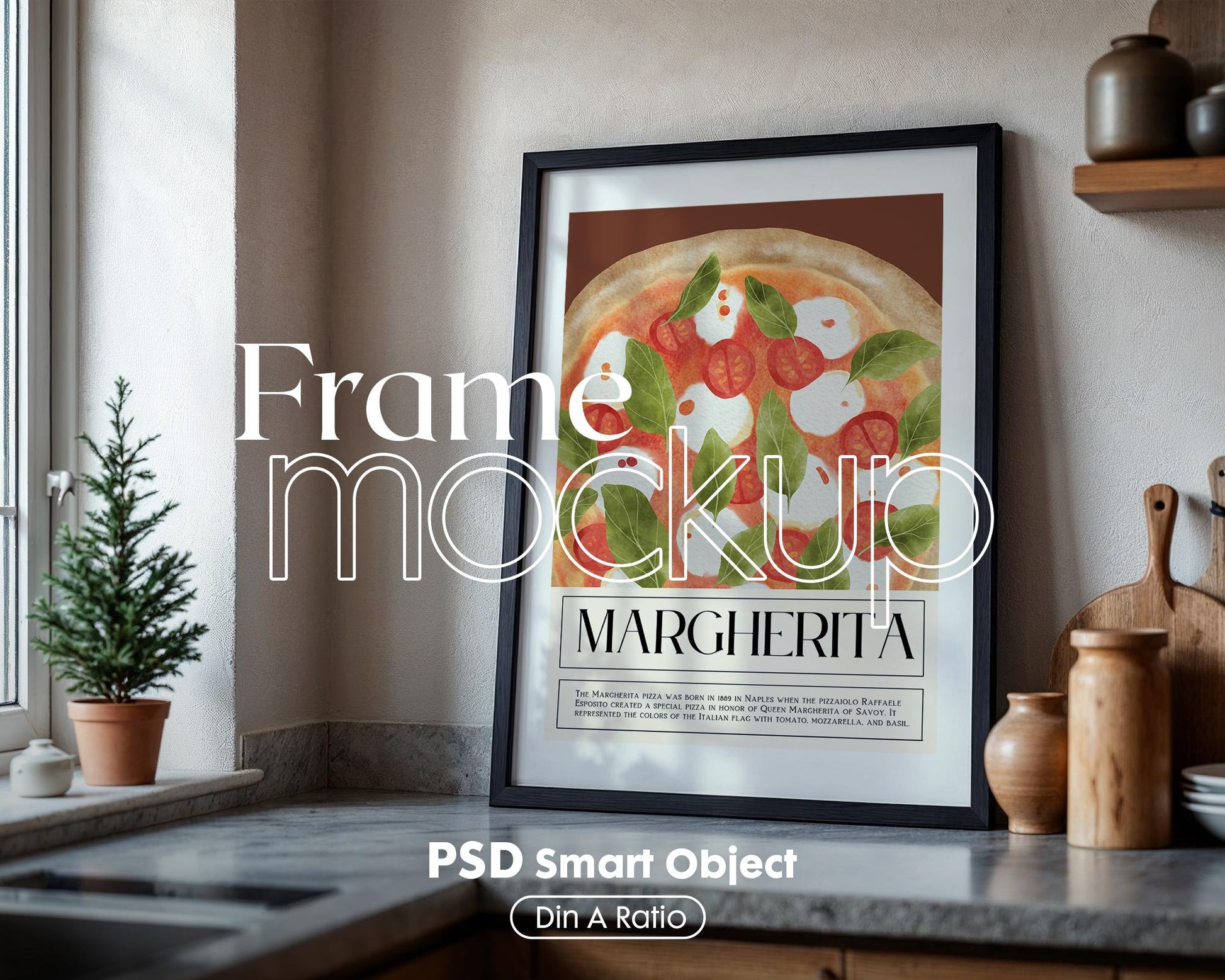 Kitchen Frame Mockup | DIN A Artwork Mockup Frames | Aesthetic Kitchen Vertical Wood Frame Mockup | Poster Mockup Templete PSD