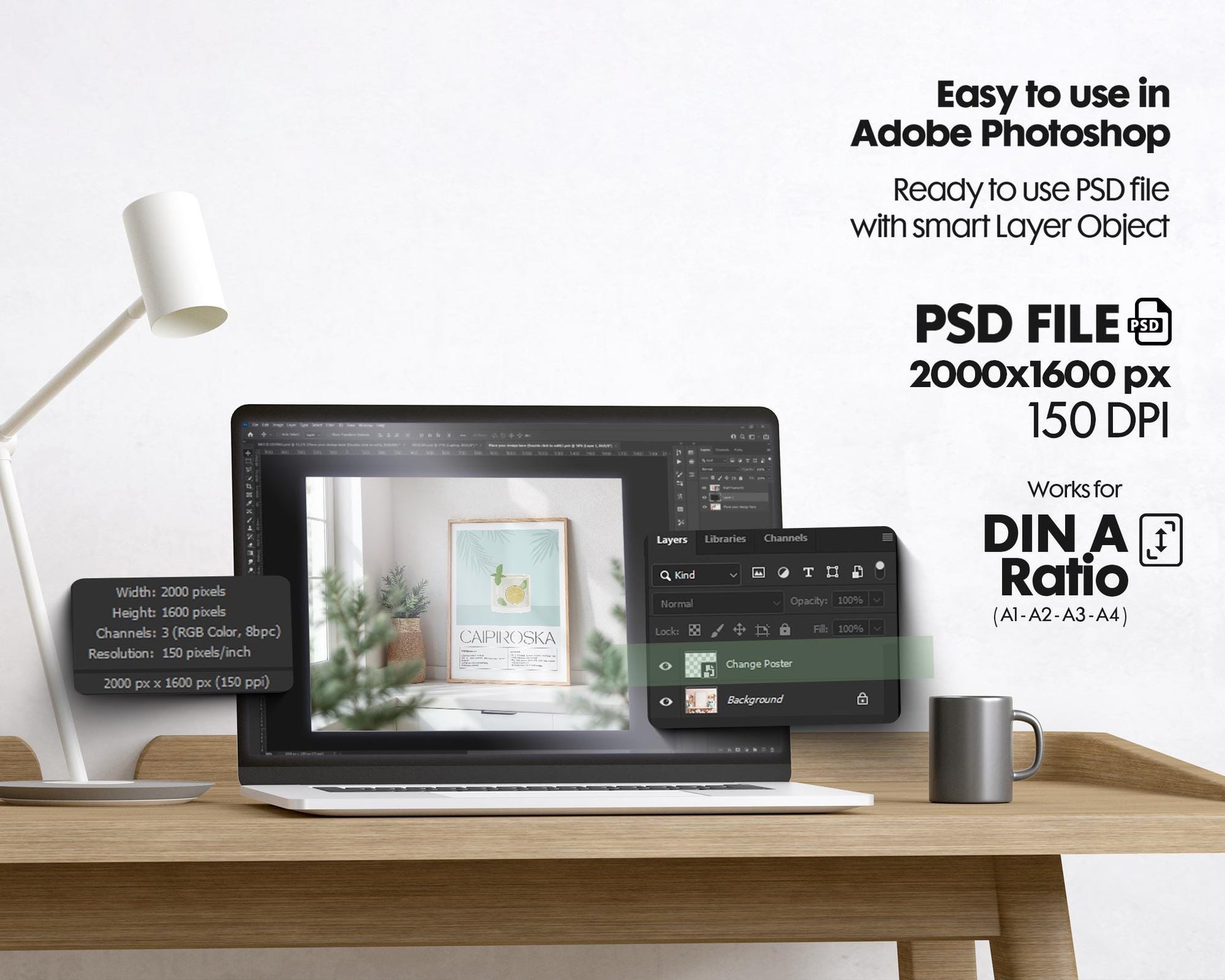 Kitchen Frame Mockup | DIN A Artwork Mockup Frames | Aesthetic Kitchen Vertical Wood Frame Mockup | Poster Mockup Templete PSD