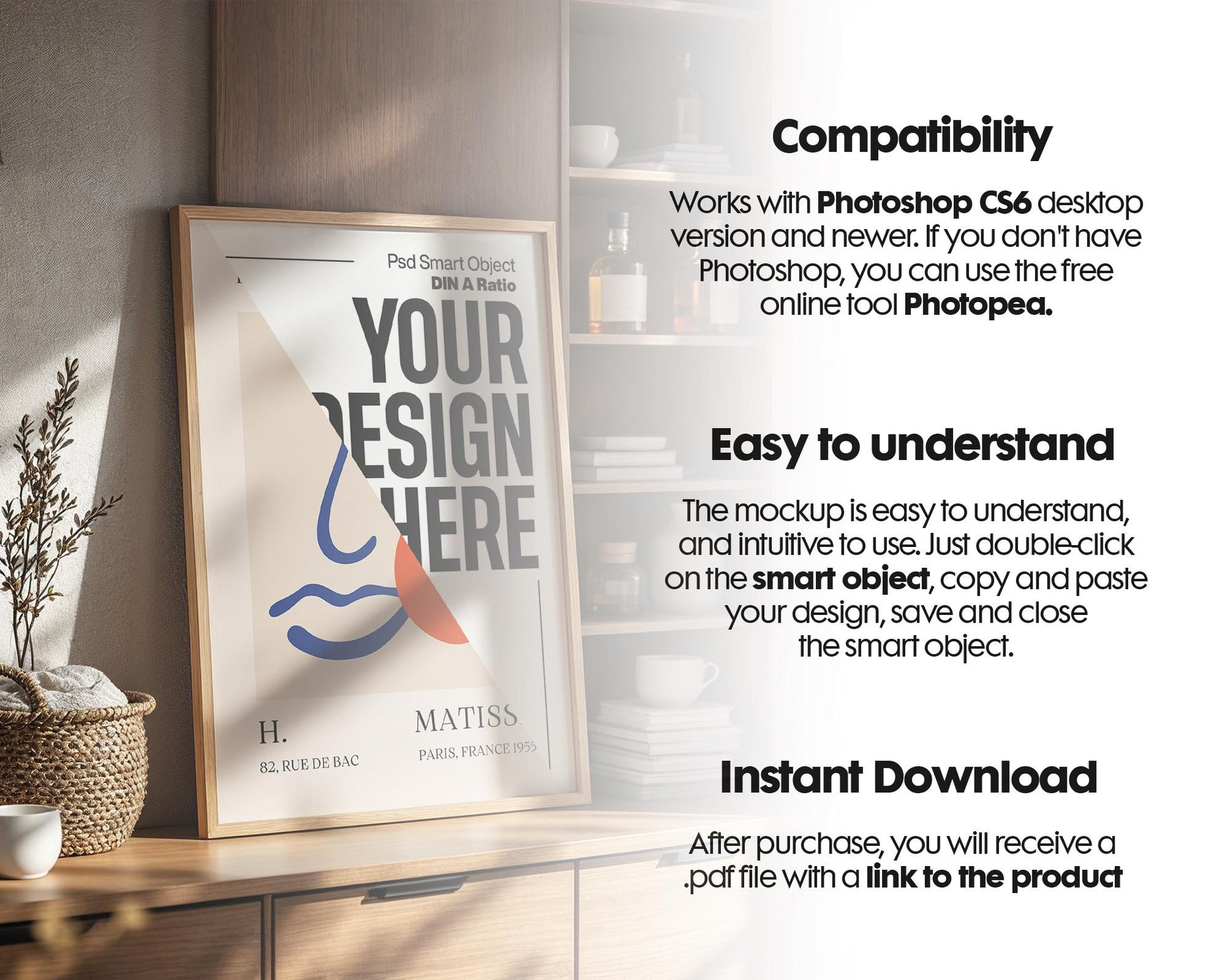 Blank Wooden Poster Frame Mockup, Minimalist Frame Mockup for Digital Download, Posters and Artwork Smart Object Instant Download