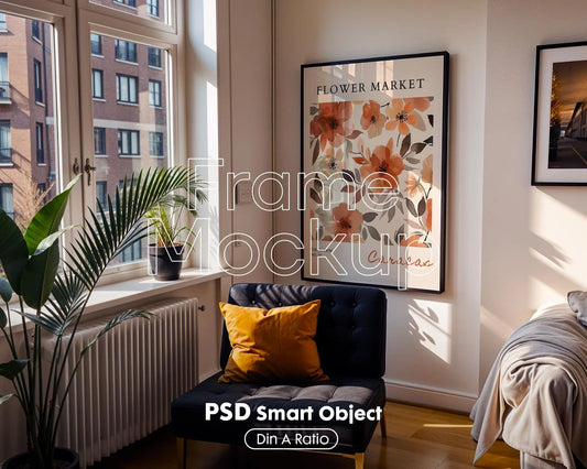 Soft Aesthetic Interior Frame Mockup | ISO A DIN Ratio | Thin Wood Frame | PSD Mockup | Frame Mockup Midcentury Minimal Home Interior